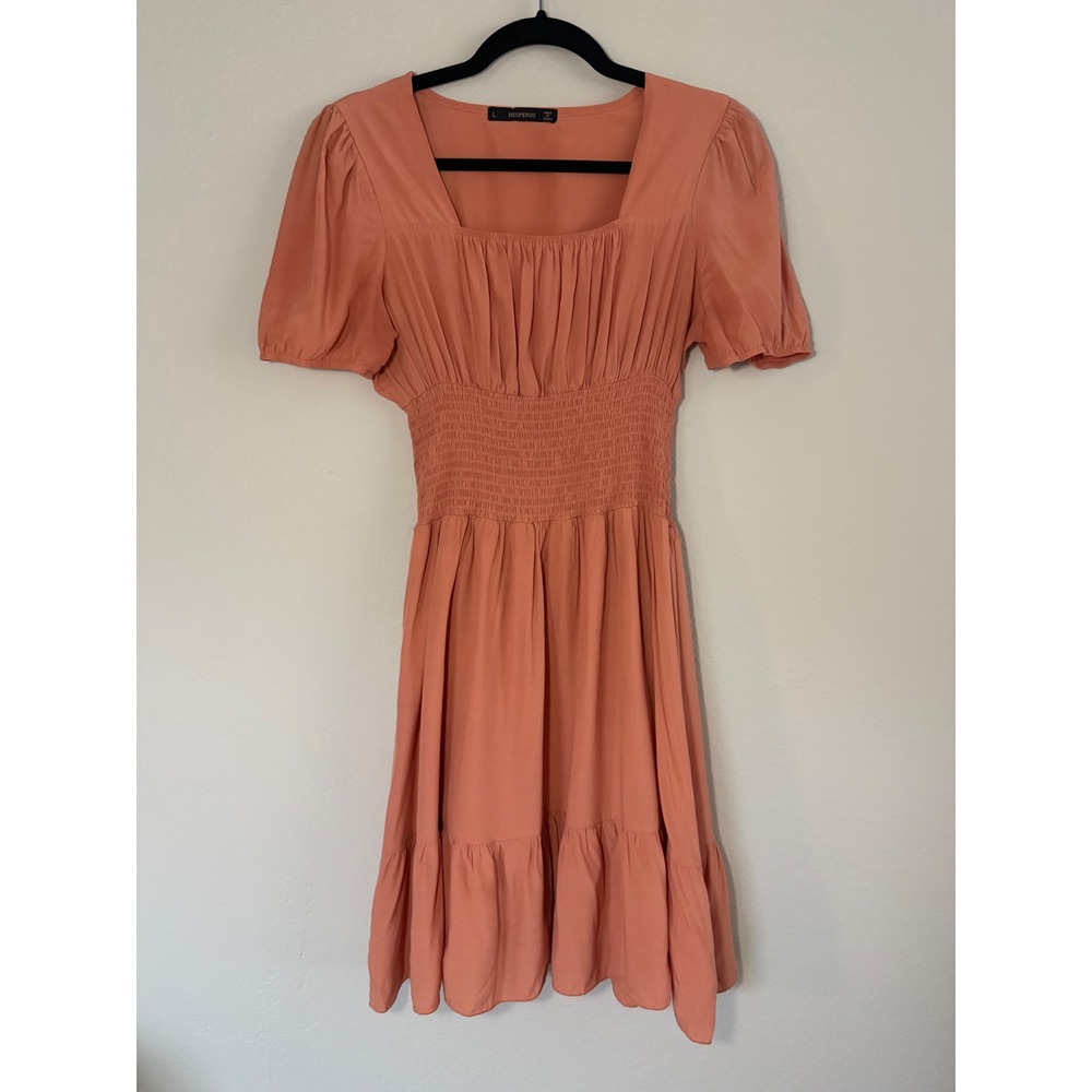 Hesperus Terracotta Coral Smocked Waist Mini Dress Square Neck HD3156-1 Large